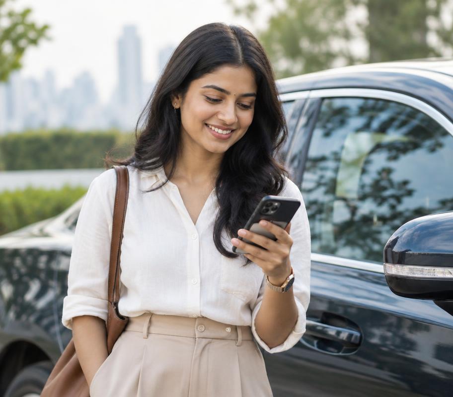 Customer checking her phone beside a car