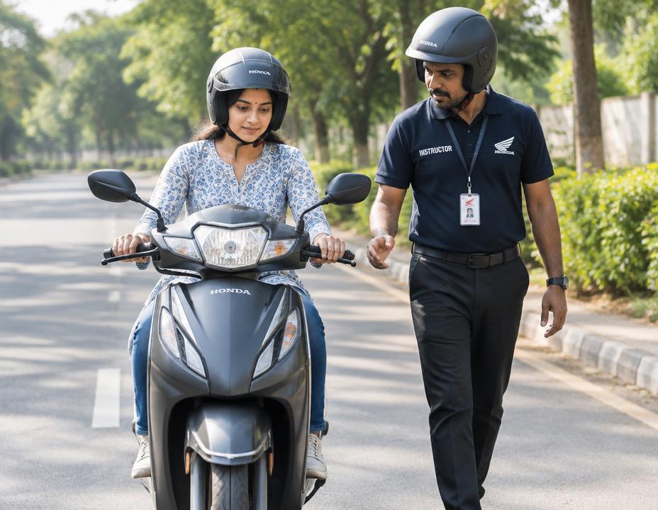 Scooter learner with an instructor walking beside her