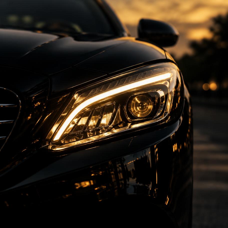 Car headlight at dusk