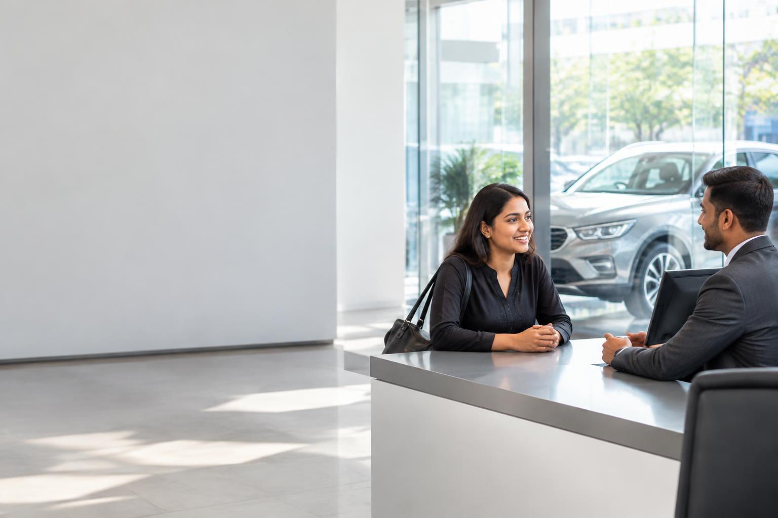 Customer speaking with a mobility support representative beside a showroom vehicle