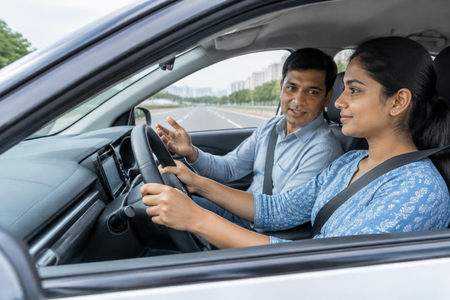 Learner driver with an instructor beside her