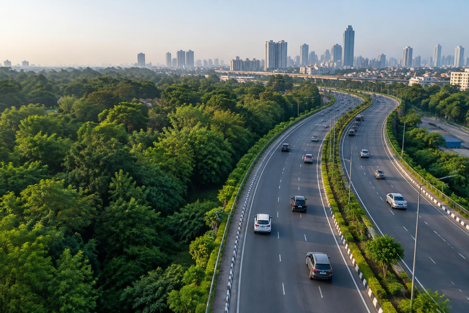 Elevated urban road network with vehicles and a distant skyline