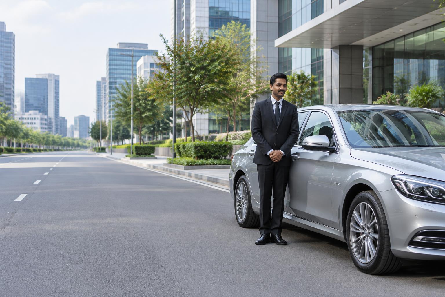 Professional driver beside a silver sedan in a modern business district